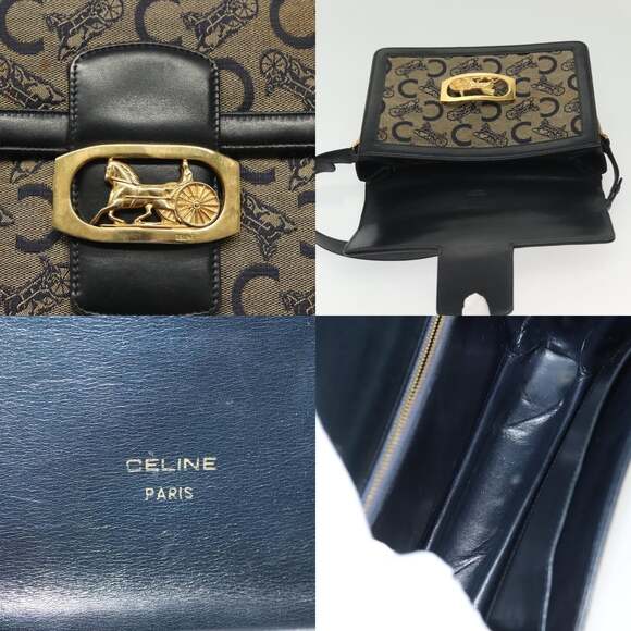 CELINE C Sulky Shoulder Bag Canvas Navy Gold - Picture 11 of 12